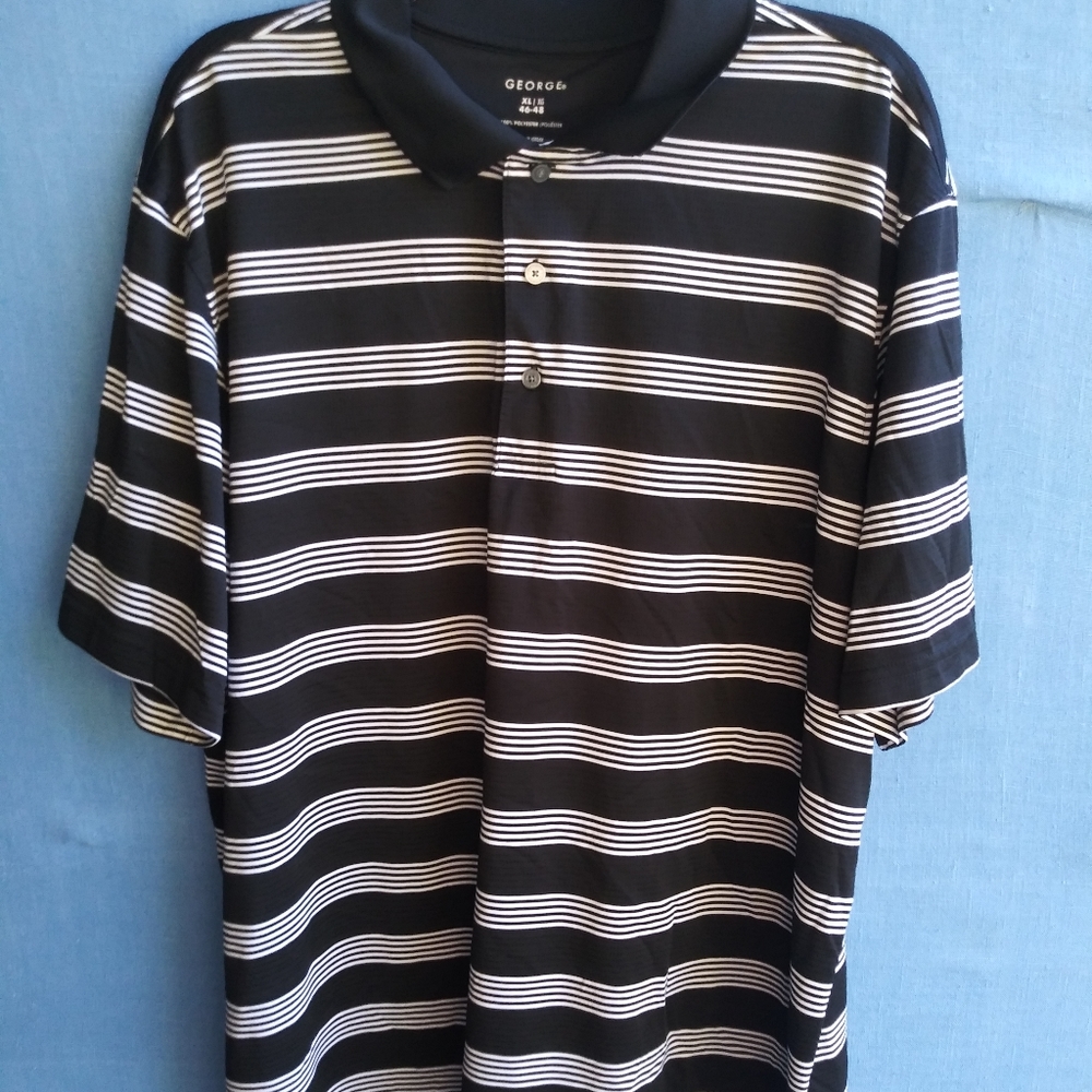 George Men's Size XL Black White Striped Polo Shirt